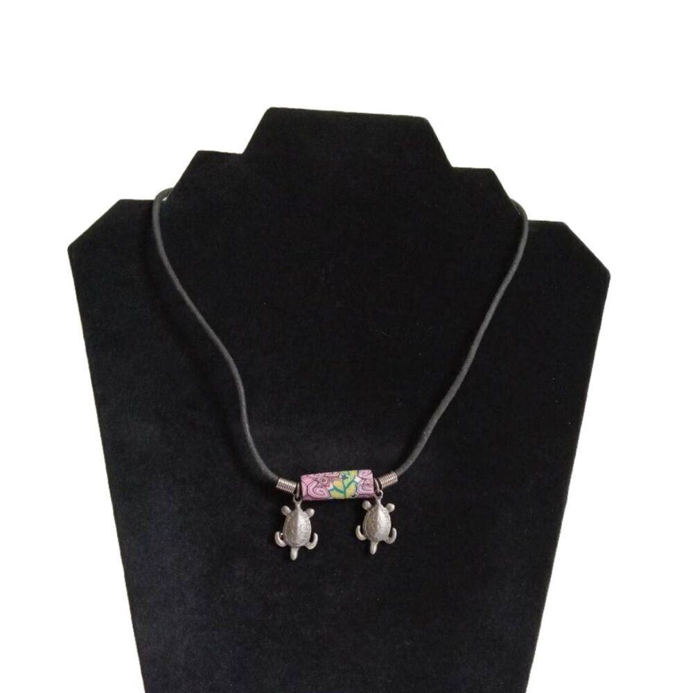 Colorful Polymer Clay Bead & Sea Turtle Charms Lightweight Cord Style Necklace